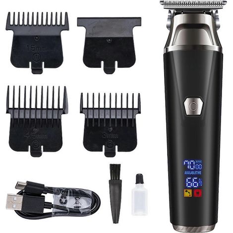 Tondeuse à cheveux pour hommes, lames en acier, sans fil et rechargeable, avec écran LED et peignes de guidage. (1/4)