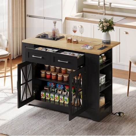 Îlot de cuisine 120x40x92 cm noir et naturel en MDF avec tablette rabattable, prises AC/USB et roulettes (1/5)