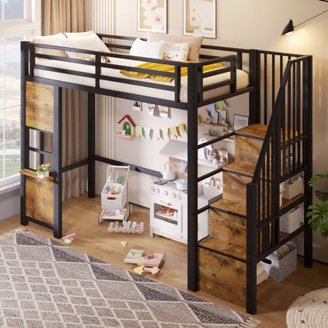 Letto a soppalco 90x200 cm nero in metallo e MDF con scala contenitore e area gioco (1/5)