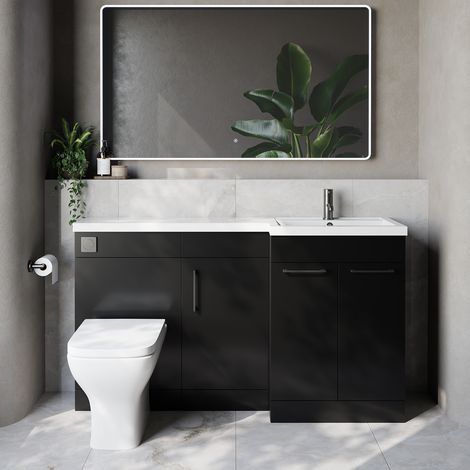Napoli 390 Matt Black 1500mm 3 Door Vanity Unit Toilet Suite with Right Hand Square Lucia Basin - 1500mm - Gunmetal Grey 160mm HandleWith Kingston Toilet Pan and Seat