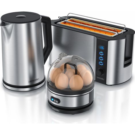 Arendo Frühstücksset 3-teilig, 1,5l Wasserkocher, 4-Scheiben Langschlitz Toaster, 7er Eierkocher, Silber (1/5)