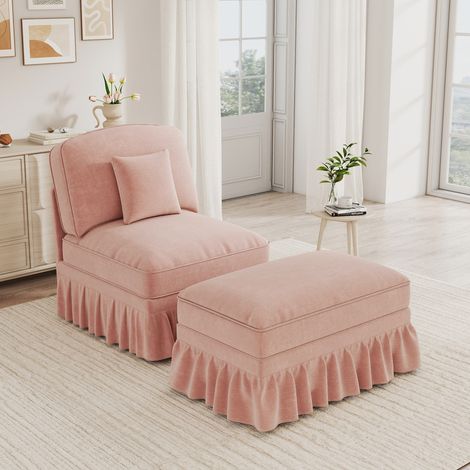 Fauteuil relax 78x83,5x93 cm en chenille rose, avec pouf, design moderne pour salon FloraGrace (1/5)