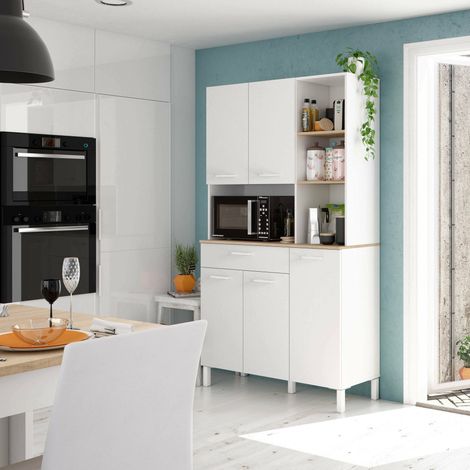 Dmora Armoire à usages multiples Laredo, Armoire de cuisine auxiliaire, Buffet avec 5 portes et 1 tiroir avec étagères, Armoire ouverte, cm 108x40h186, Blanc et Chêne, avec emballage renforcé (1/3)