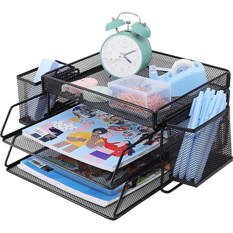 Briefablage mit 2 Ebenen und Schublade, Schreibtisch-Organizer A4, Metallgeflecht (1/5)