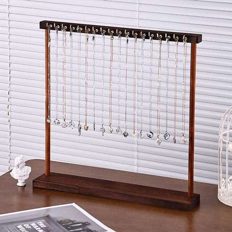 Mensola quadrata in legno di noce con 18 ganci. Mensola portaoggetti quadrata in legno massello di noce. Espositore per collane. Ganci resistenti. Supporto per gioielli. (1/4)