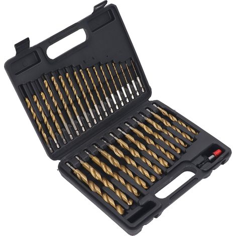 Coffret de 30 forets hélicoïdaux en acier rapide, queue de 6,35 mm (1/4 po), diamètre de 1,59 à 12,7 mm (1/16 à 1/2 po), avec rallonge et étui de rangement. (1/5)
