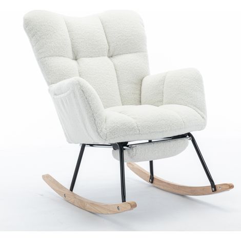 Silla mecedora acolchada de tejido teddy blanca con reposapiés plegable (1/5)
