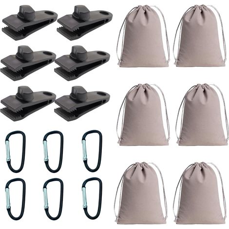 Lot de 6 Pinces de Poids pour Rideaux Extérieur et Tonnelle - Inclus 6 Mousquetons et 6 Sacs en Velours Gris - Système de Lestage pour Nappe, Tente, Bâche et Pavillon - Accessoires de Jardin (1/5)