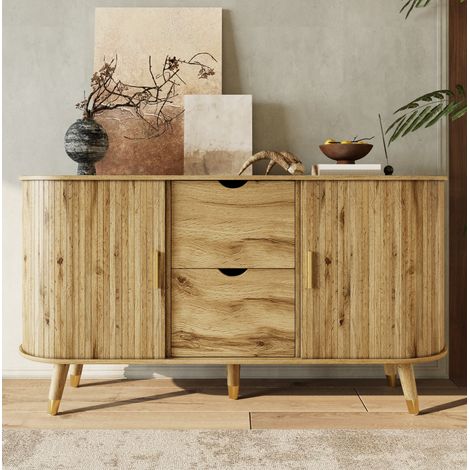Buffet à grain vertical, 2 tiroirs, pieds en bois, MDF naturel DESVIAE (1/4)