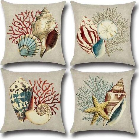Housses de coussin - Décoratives - Thème côtier - 45 x 45 cm - 4 pièces - Toile de jute (1/5)