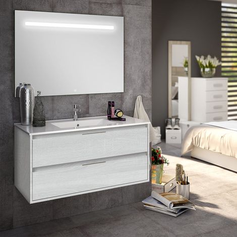 Meuble de salle de bain simple vasque - 2 tiroirs - hibernian (bois blanchi) - IRIS et miroir Led STAM - 80cm (1/4)