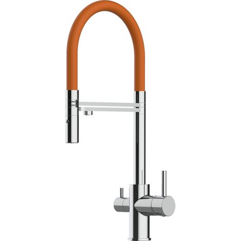 Rubinetto 3 vie miscelatore cucina cromato con canale separato per acqua filtrata, canna arancione movibile e doccia due getti staccabile (1/5)