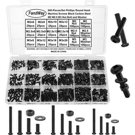 M2 M2.5 M3 Vis à Métaux et écrous,900 Pièces Vis à Tête Ronde Croix,Boulon et écrous Rondelles,Boulon à Tête Bombée Cruciforme Entièrement Filetées en Acier Carbone Noir. (1/5)