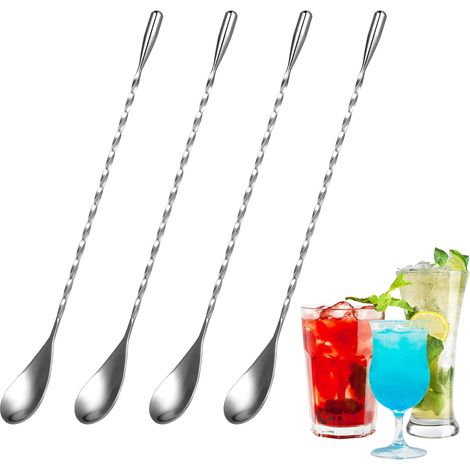4 Cuillères à Cocktail - Cuillère Longue - Accessoire Cocktail, 25cm, Acier Inox, Mélangeur Long Drink à Motif Spirale et Poli Miroir, Design Élégant, Parfait pour Martinis, Cocktails, Café et Shaker (1/5)