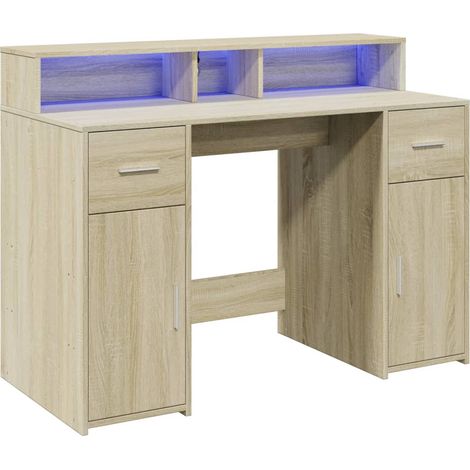 Bureau table poste de travail meuble d'ordinateur informatique étude avec lumières LED chêne sonoma bois d'ingénierie brun