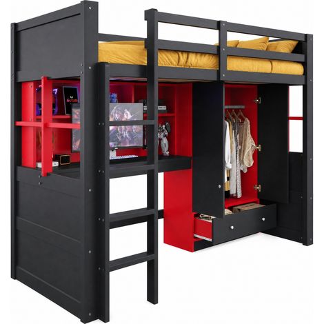 Lit mezzanine 90x200 cm en bois noir/rouge, gain de place, chambre enfant, sans matelas - FLORAGRACE (1/5)