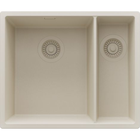 PRIMAGRAN Evier Sous Plan 56x47cm,Evier en Granit 1,5 bacs + Kit de Vidage, Évier au meuble 60cm - London Duo, Beige (1/5)