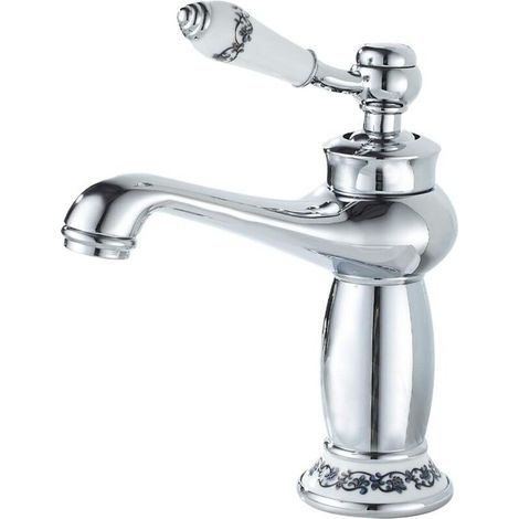 Grifo monomando cromado para lavabo – Latón de alta calidad – Fácil control de la temperatura – Diseño retro con maneta de cerámica (1/5)