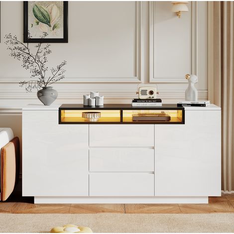Credenza soggiorno 140 x 40 x 68 cm con 2 ante, 3 cassetti, LED, bianco e nero HAVRYA (1/5)