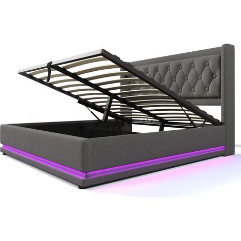 Letto contenitore 160 x 200 cm grigio in cotone con LED su 3 lati, USB e USB-C, senza materasso (1/5)