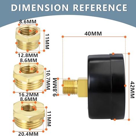 manomètre de pompe de puits 40mm BSP 1/8 "0-7 Bar 0100 PSI avec 3 douilles de à 1/4 ", à 3/8 "et à 1/2 ", une bande de axial (1/4)