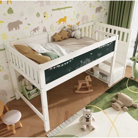 Letto a soppalco 90x200 cm bianco in legno massello e MDF con scala contenitore e lavagna (1/5)