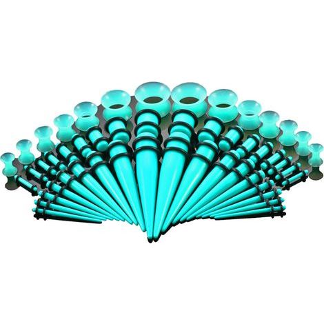 Confezione da 50 dilatatori per orecchie, con steli in acrilico e silicone, misure da 1,6 mm a 12 mm, turchesi, bianchi, neri, trasparenti, per uomo e donna. (1/5)