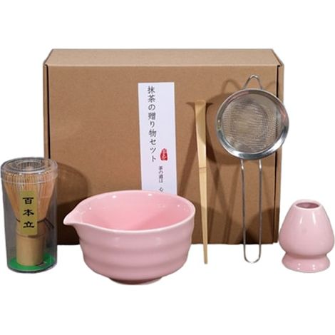 Service à thé Matcha en céramique 5 pièces, comprenant un bol, un porte-fouet et un fouet, accessoires roses pour la cérémonie du thé japonaise. (1/5)