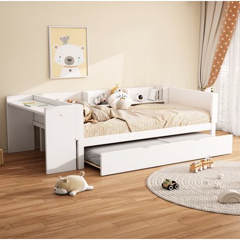Letto moderno 90x200 cm in pino e MDF bianco con letto estraibile, scrivania e 3 ripiani (1/5)