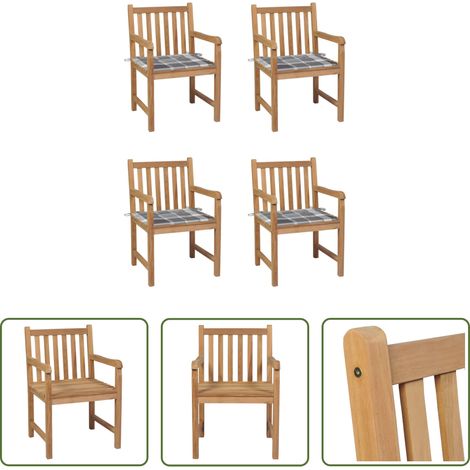 Gartenmöbel Holz - Gartenstühle 4 Stk. Graue Karomuster-Kissen Massivholz Teak (1/5)