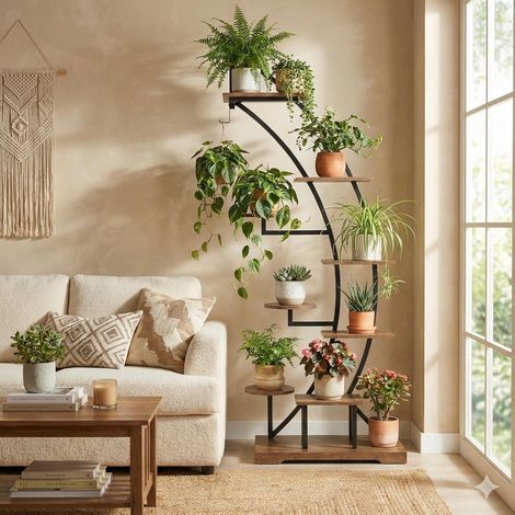 Support pour plantes avec lumière de croissance, 9 niveaux, métal et bois, 160 cm, intérieur (1/5)