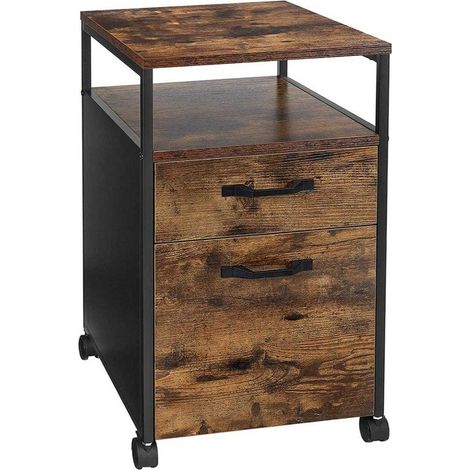 Cajonera de oficina 2 cajones armario de almacenamiento móvil con ruedas compartimento abierto estilo industrial 66 cm marrón rústico y negro 120001482 (1/2)