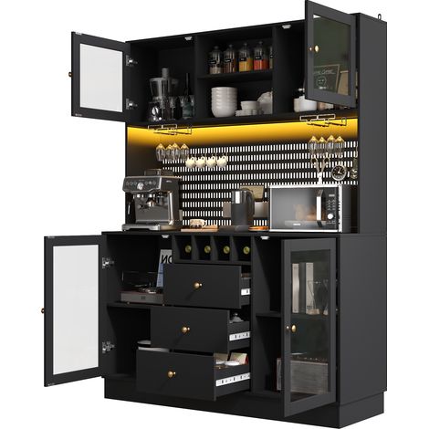 Vitrina de Cocina con Cajón, Estantes Ajustables, Soporte para Copas y LED, en MDF y Vidrio, Negro, 140x40x185,7 cm (1/5)