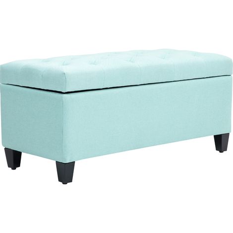 Banc coffre rembourré, polyester effet lin + bois caoutchouc, 100x40x44cm, vert
