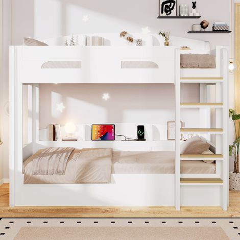Lit mezzanine 90/200 cm blanc avec USB et rangements latéraux, gain de place (1/5)
