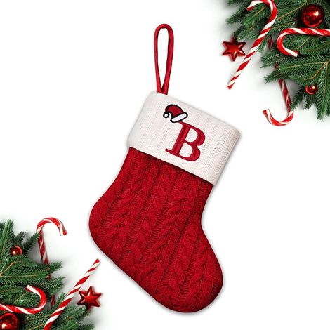 Chaussette de Noël rouge en maille torsadée - Lettre « B » brodée personnalisée Décoration de Noël pour chien ou chat, idéale pour la cheminée et les fêtes de fin d'année en famille (1/5)