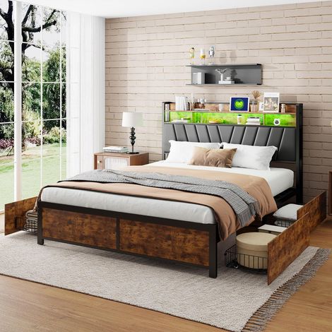 Lit avec tiroirs 140x200cm Style Industriel - Cadre de lit avec 4 tiroirs, LED RVB et Prises EU - Acier et Bois - Noir