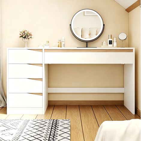 Bureau 140x50x78 cm blanc et décor chêne en panneaux de particules avec 5 tiroirs et grand plateau
