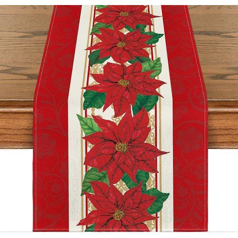 Chemin de table de Noël rouge à motif poinsettia aquarelle, décoration hivernale et festive pour la cuisine et la salle à manger, 33 x 183 cm (rouge) (1/5)