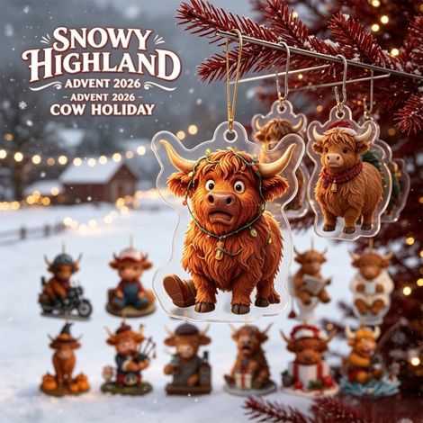 Calendrier de l'Avent 2026 sur le thème des vaches des Highlands écossaises, 24 décorations suspendues en acrylique 2D aux motifs amusants, ornements festifs pour le sapin de Noël. (1/5)
