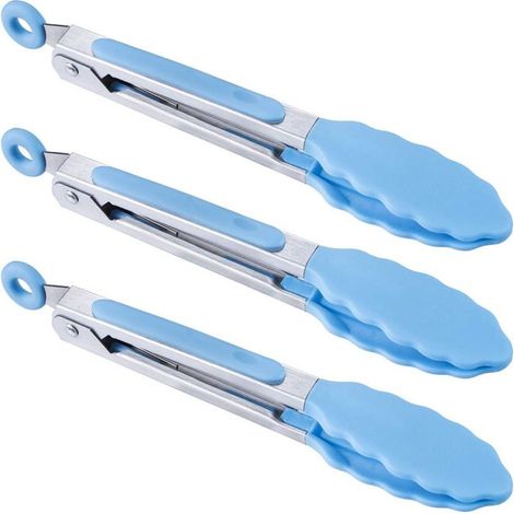 3 pinces de cuisine en acier inoxydable, manche silicone antidérapant, 21 cm, couleur bleue, pour usage culinaire quotidien (1/5)