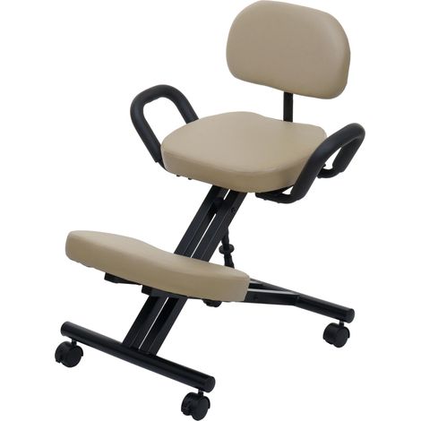 [NUNCA USADO] Silla de rodillas con respaldo HHG-211, taburete con reposabrazos y altura regulable, ruedas, piel sintética y metal, beige crema