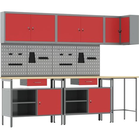 Arbeitsschrankset mit Schubladen mit Regal 10 pcs Rot und Grau (1/5)