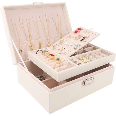 Boîte à bijoux - Coffret à bijoux - Petit coffret à bijoux - Boîte à bijoux en cuir - Coffret à bijoux pour adulte - Boîte de rangement pour bijoux - Grande capacité - Robuste et souple - Cuir PU - Fe (1/5)
