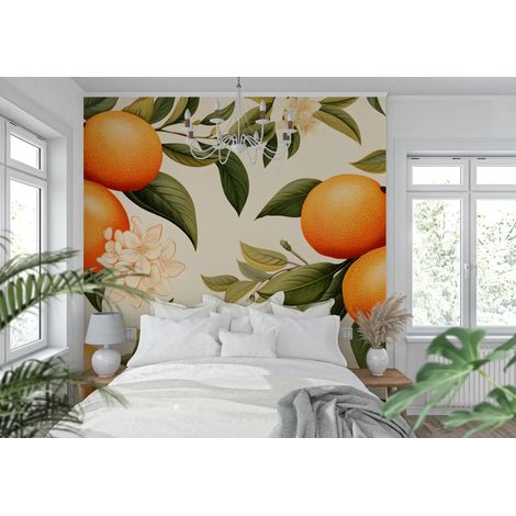 Papier peint floral oranges et fleurs blanches 1 - 150 x 250 cm (1/2)