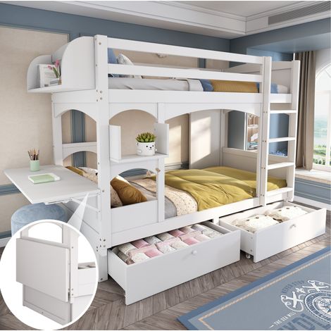 Kinder-Etagenbett 90x200 cm mit klappbarem Schreibtisch, Regal und Schubladen (1/5)