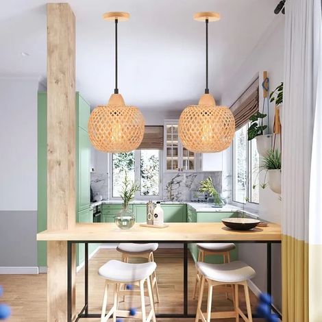 2pcs Lustre Suspension Vintage,Lampe Luminaire Ajustable en Bambou Designe Rond Plafonnier Style Campagne pour Salon Chambre (1/5)