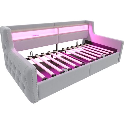 Cama tapizada con arcón 90 x 200 cm de terciopelo gris claro con LED, USB y Type-C, MODENUIT (1/5)
