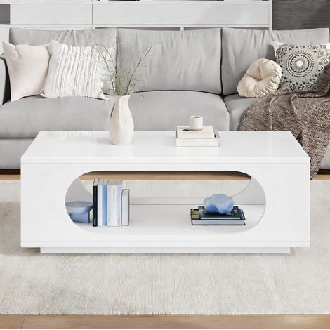 Table basse en MDF blanc brillant 100 cm avec LED contrôlé par application et rangement ouvert (1/5)