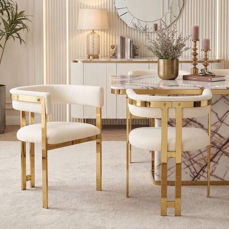 2 Esszimmerstühle aus beigem Chenille mit goldenen Metallbeinen (1/5)